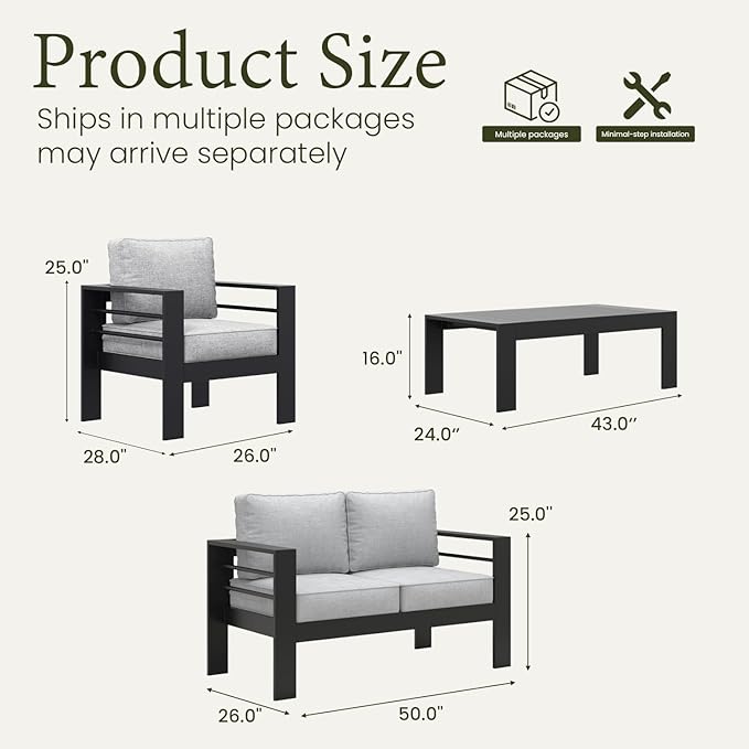 LayinSun Outdoor Aluminum Furniture Set, 4 Pieces Patio Sectional Conversation Chat Sofa Modern Seating Set with Coffee Table