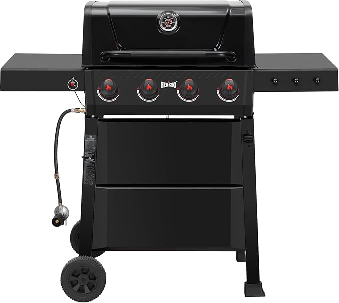Feasto 4-Burner Gas BBQ Grill with Side Tables, 36,000 BTU Outdoor Propane Grill with Premium Enameled Coated Chamber Body & Porcelain-Enameled Stamped Grates for Deck Party & Patio BBQ, Black