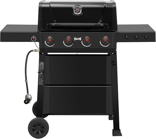 Feasto 4-Burner Gas BBQ Grill with Side Tables, 36,000 BTU Outdoor Propane Grill with Premium Enameled Coated Chamber Body & Porcelain-Enameled Stamped Grates for Deck Party & Patio BBQ, Black