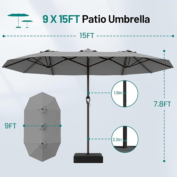 AreShark 15ft Patio Umbrella with Base, Double Sided Outdoor Umbrella with 12 Fiberglass Ribs, Large Outdoor Umbrella for Garden, Pool, Deck, Backyard & Market, Grey