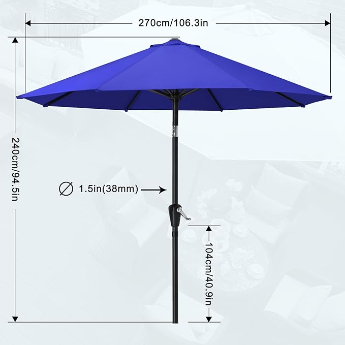 MASTERCANOPY 9FT Patio Umbrella with Push Button Tilt and Crank, Outdoor Market Umbrella with 8 Sturdy Ribs, UV Protection & Waterproof for Garden, Deck, Backyard, Pool (Blue)