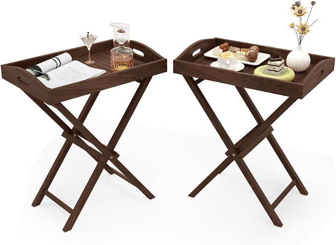 Giantex 2-Pack Outdoor Side Table with Removable Top, 28-Inches High Solid Teak Wood TV Tray, Folding Portable Bistro Table for Outside, Patio, Garden, Porch, Backyard, Balcony, No Assembly Need