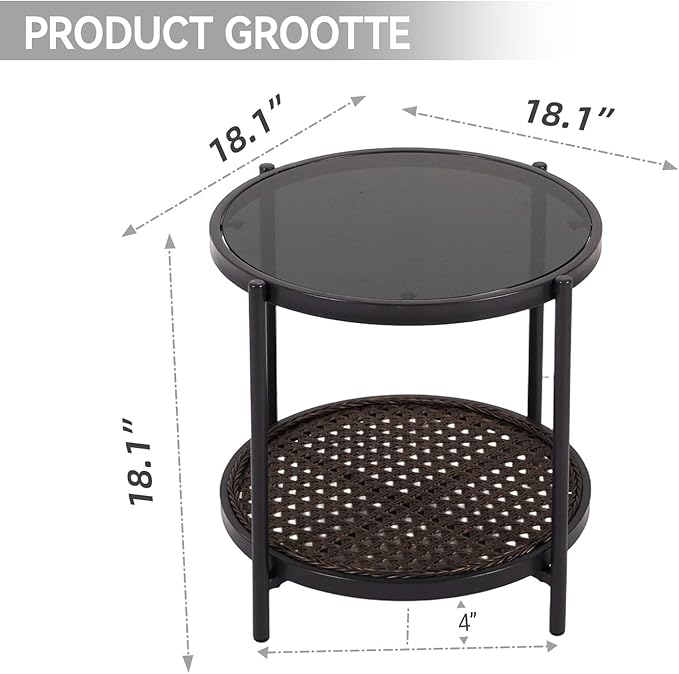 Kinfant Outdoor Wicker Side Table – Roud Patio End Table with Tempered Glass Top, Rubber Suction Pads & Storage Shelf, All-Weather Rattan Coffee Table for Balcony, Porch, Deck, Garden, Easy Assembly