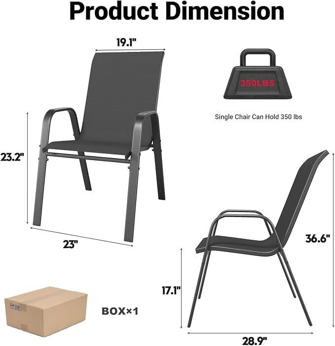5 Piece Patio Dining Set, Stackable Outdoor Chairs Set of 4 with Textilene Fabric, 37.8" Wood-Grain Square Table with Umbrella Hole for Backyard Lawn Party (1 Table + 4 Chairs) (Black)