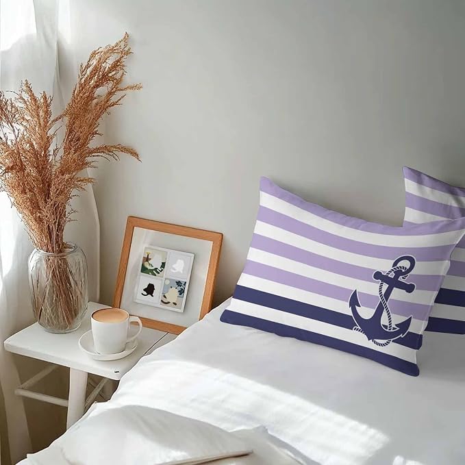 Lumbar Pillow Covers 20x12 Inch Set of 2, Anchor Purple Waterproof Outdoor Cushion Covers, Modern Navy Blue White Striped Nautical Decorative Pillowcases for Couch, Sofa, Bed, Garden, Patio