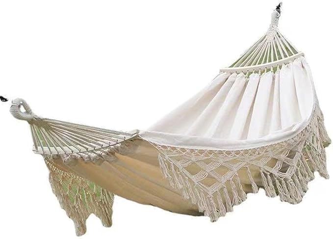 Backyard Hanging Hammock with Tassels, 500lb Load Capacity, Single Double Size 102x59in - Lightweight Foldable Outdoor Cotton - Polyester Blend for Garden, Patio, Camping Relaxat (White)