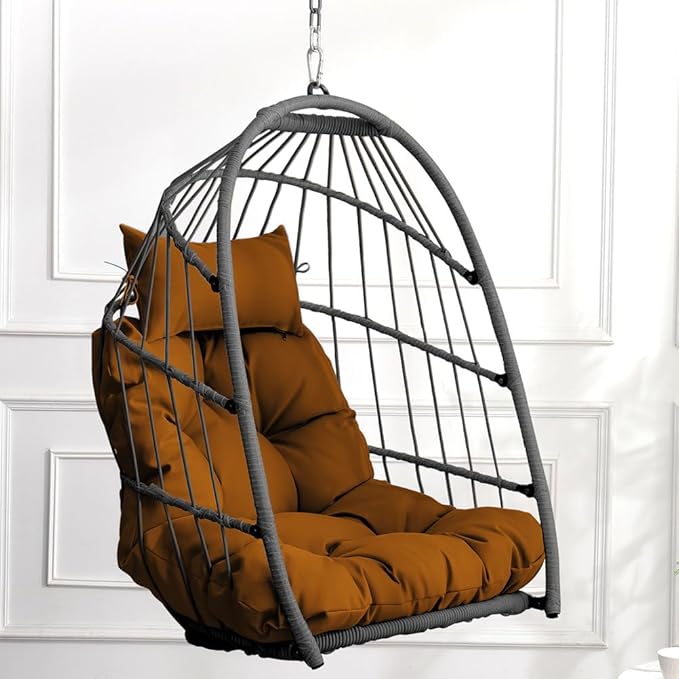 Hanging Egg Chair Without Stand – Foldable Rattan Wicker Swing Chair with Cushion & Headrest, 350lbs Capacity, Ceiling/Tree Mount Kit Included for Indoor Outdoor Use,Brown