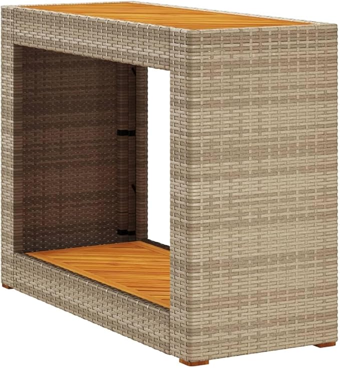 Outdoor Patio Side Table Beige Poly Rattan with Wooden Top 39.4" x 15.7" x 29.5" Coffee Small Side Table for Garden, Patio, Balcony, Backyard, Living Room