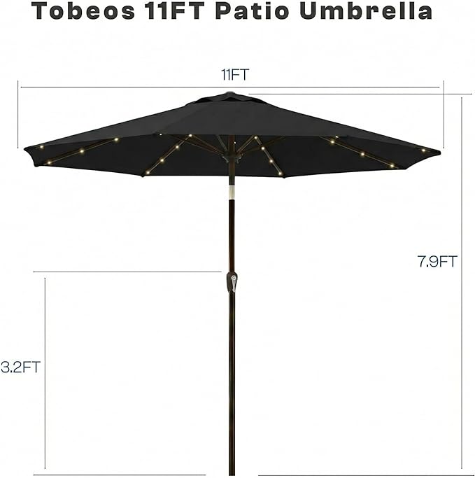 11FT Solar Lighted Patio Umbrella, Outdoor Table Market Umbrellas with Crank Lift, 32 LED Lights, 8 Sturdy Ribs, UV-Resistant for Deck, Garden, Pool