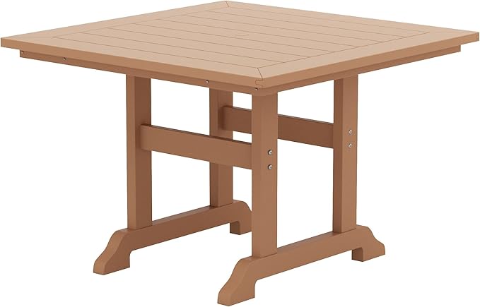 WestinTrends Malibu Outdoor Dining Table, All Weather Poly Lumber Adirondack 43" Trestle Square Patio Table with Umbrella Hole, Teak