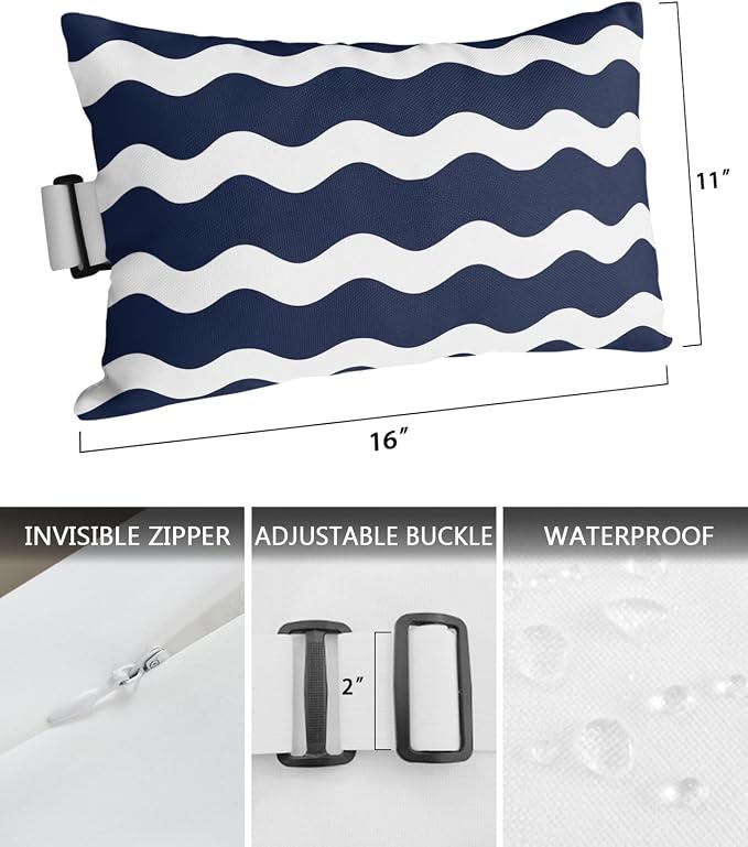 Outdoor Pillows Covers with Inserts Navy Blue Wavy Stripes Waterproof Recliner Pillow with Adjustable Strap Throw Pillows for Patio Furniture Pool Lounge Chair, 11x16 inch, 1PCS