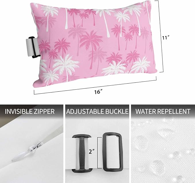 Tropical Palm Tree Outdoor Pillows for Chaise Lounge Chair Waterproof Lumbar Pillows with Insert&Adjustable Strap Beach Headrest Pillow Magenta Pink Plants Coastal Leaf Beach Pool Pillow 11"x16"