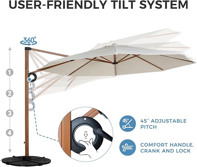 Grand patio 12 FT Patio Umbrella, Outdoor Cantilever Round Umbrella with 360° Rotation, Aluminum Offset Umbrella for Patio Garden Deck Pool, Beige