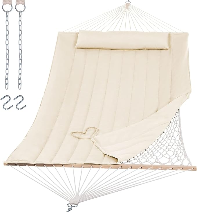 Double Hammock with Stand for Outside, Rope Hammocks with Polyester Pad 2 Person, 12ft Heavy Duty Stand, Extra Pillow, Storage Sidebag, Max 475 lbs Capacity (Beige)