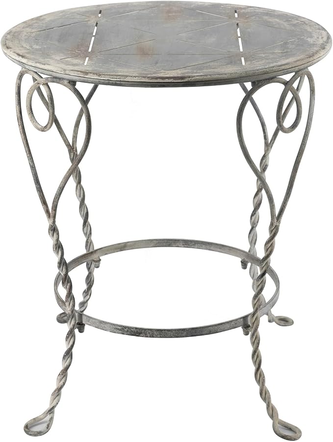 Heart Iron Side Table, Distressed Silver 26x26x30 in | Distressed silver iron, heart swirl design, twisted legs, round lower ring shelf, 2-tier, assembly required