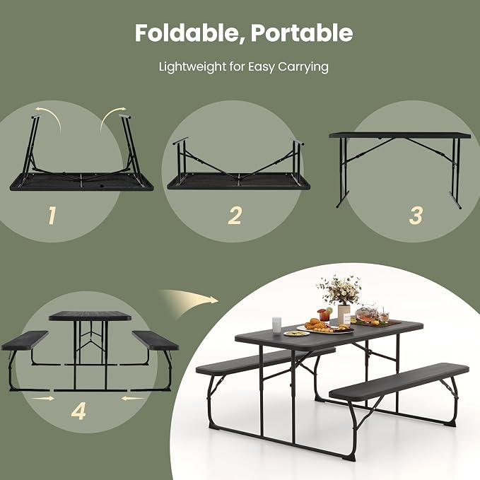 Moccha Folding Picnic Table - Portable Picnic Table with Benches, HDPE Tabletop, Metal Frame, Foldable Camping Table, Outdoor Dining Table Set for Garden Party BBQ Patio Table Bench Set (Black)