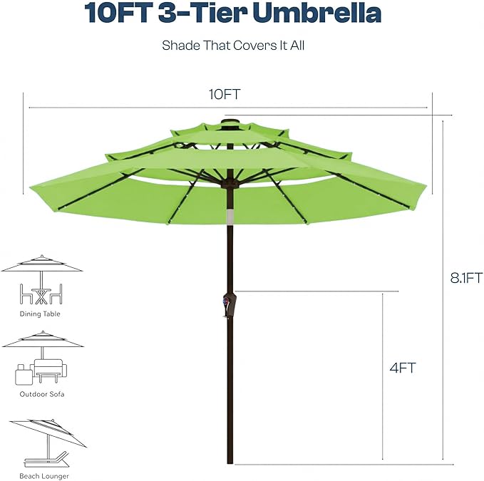 10ft 3-Tier Patio Umbrella with 32 Solar Powered LED Lights, Windproof Outdoor Market Umbrella for Deck, Poolside & Garden, Sturdy Push-Button Tilt Table Umbrella, Apple Green