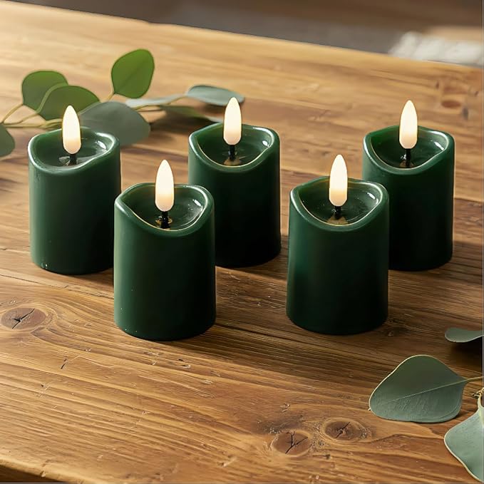 Simplelight Green Flameless Votive Candles with Timer, Realistic Black Wick Advent Wreath Candles Battery Operated, Battery Included, D 1.8” X H 3.1”, Set of 6 for Christmas Decoration(Green)