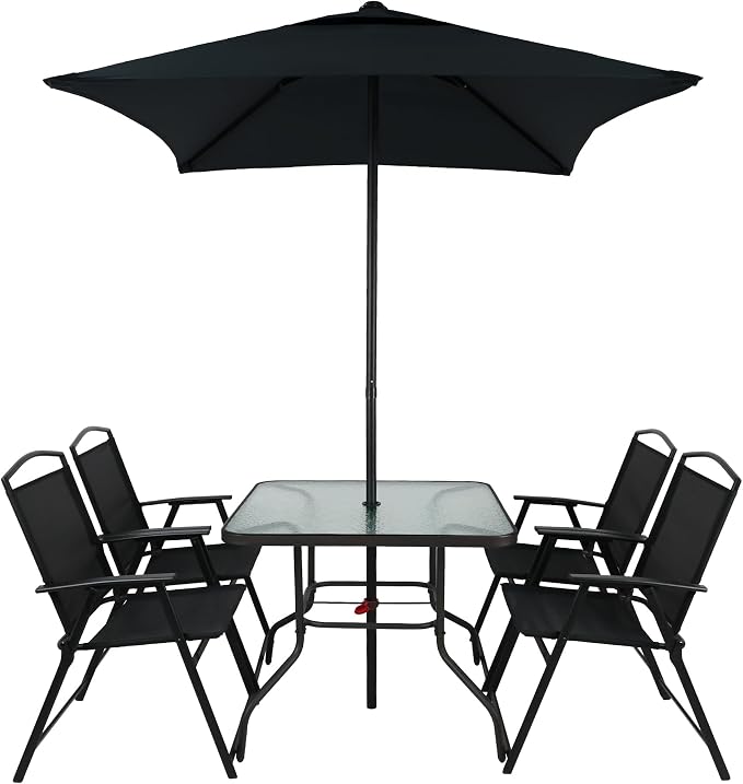 6-Piece Outdoor Patio Furniture Set for 4, Patio Table and Chairs Set with Umbrella, All-Weather Steel Frame & Glass Top Dining Table Set for Backyard, Lawn - Black