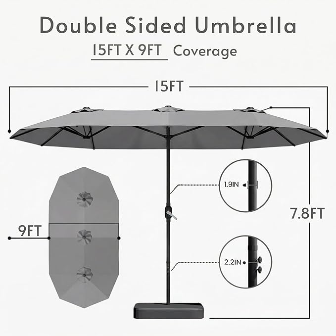 15ft Large Patio Umbrellas with Base Included, Outdoor Double-Sided Rectangle Market Umbrella with Stand, Outside Umbrellas for Poolside Lawn Backyard
