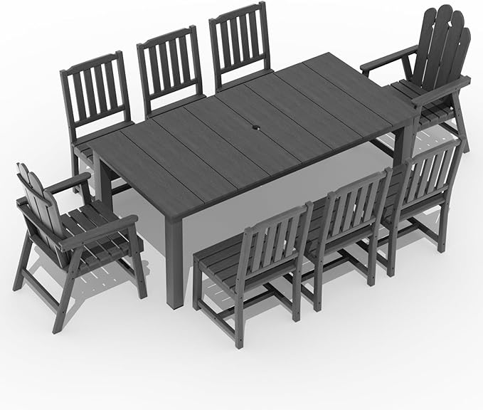 9-Piece Patio Dining Set, Outdoor Dining Set for 8, HDPE All-Weather Outdoor Furniture with 75.20” Umbrella Hole Table, 2 Armchairs & 6 Armless Chairs, Gray