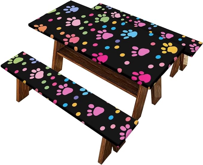 Dog Paw Picnic Table Cover with Bench Covers Waterproof and Breathable Table Covers for 8 Foot Tables 3 Pcs Picnic Table Bench Covers Camping Essentials for Camper, 94x30 Inches