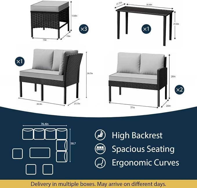 7-Piece Outdoor Patio Furniture Set, Wicker Sectional Sofa with Seat & Back Cushions & 3 Pillows, All-Weather Conversation Set with Long Glass Coffee Table for Garden, Porch, Lawn, Gray