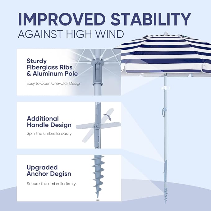 Tempera Heavy Duty High Wind Beach Umbrella with Sand Anchor & Carry Bag | Patio Outdoor Umbrella with Aluminum Frame and Push Button Tilt, Ideal for Travel Garden Lawn, UPF 60+