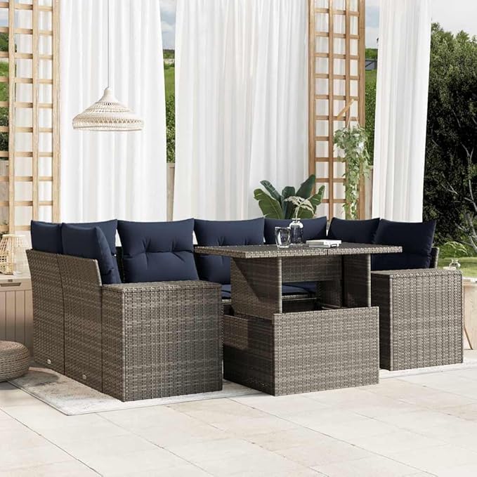 vidaXL Patio Sofa Set with Cushions 7 Piece, Conversation Set with Table and Sectional Sofas, Outdoor Seat for Garden, Modern, Gray Poly Rattan