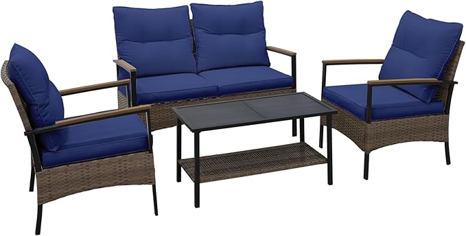 EAGLE PEAK 4 Piece Mojave Dusk Outdoor Conversation Set, Patio Wicker Furniture, Loveseat, 2 Patio Chairs and Coffee Table, Brown/Blue