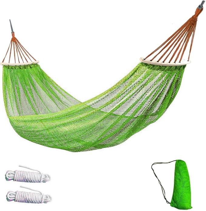 Portable Hammock Chair Swing, Super Soft Breathable Nylon Mesh Hammock Tent Camping Backyard Patio，Heavy Duty Hanging Swing for Indoor Outdoor (Green, with Wooden Support)