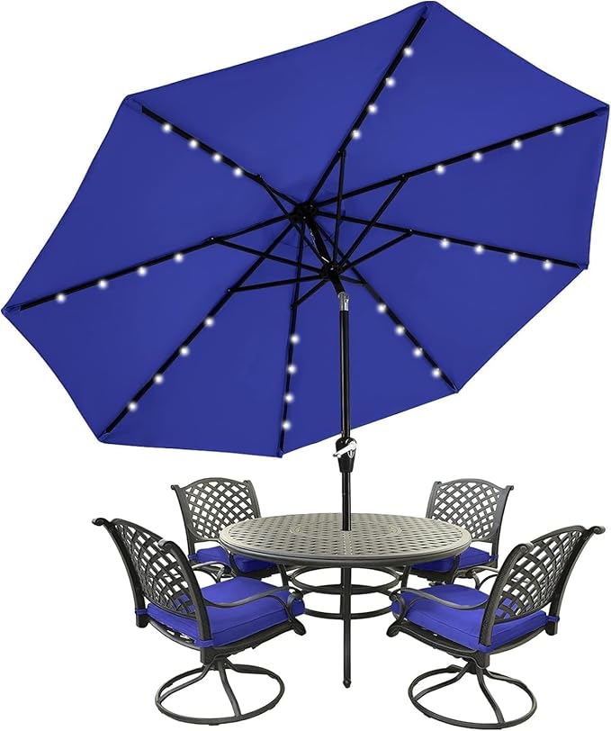 MASTERCANOPY 9FT 8Ribs Patio Umbrella with 32 Solar LED Lights, Outdoor Market Umbrella with Tilt & Crank, UV Protection & Fade Resistant Fabric, Easy Set-Up for Garden, Deck, Pool (Blue)