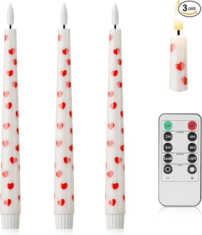 Valentine Day Flameless Taper Candles with Heart, 9.6" Real Wax LED Candles with Remote, 3 Pack Flickering Battery Operated Candlesticks for Proposal Wedding Anniversary Romantic Night