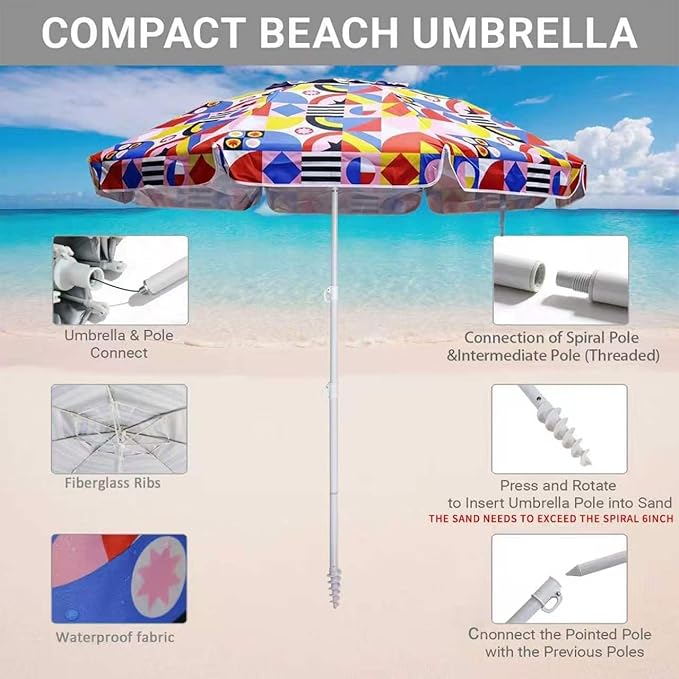 LOTTAFUN 6ft Beach Umbrella - Heavy Duty Wind Resistant UV 50+ Portable Sun Shade with Sand Anchor & Carry Bag, Outdoor Folding Umbrella for Beach, Pool, Patio, Garden (Print Flower) No tilt The sand needs to exceed the spiral 6inch
