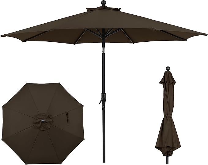 9FT Outdoor Patio Umbrella with Crank Lift & Auto Tilt - Market Umbrella, 8 Heavy-Duty Ribs, UV Resistant & Water-Repellent for Garden, Deck, Poolside & Backyard