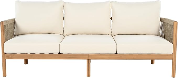 Christopher Knight Home Havets 5 Pieces Outdoor Acacia Furniture Set, Woven Rope Loveseat and Accent Club Chairs, 6" Thick Cushions Sofa and Coffee Table Set for Backyard Garden Balcony, Teak+Beige