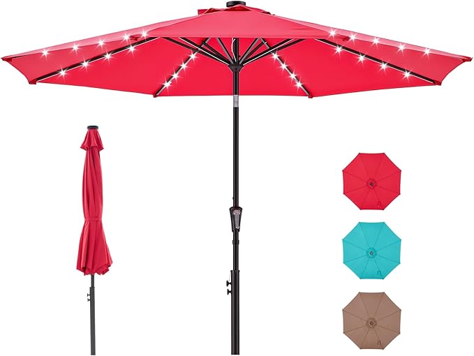 DUMOS LED Outdoor Patio Umbrella 10 FT UV-Resistant Market Umbrella with Tilt Adjustment & Crank Lift, All-Weather Shade for Backyard, Deck, Garden, Beach
