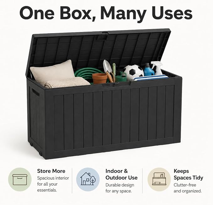 Outdoor Deck Patio Storage Box - 80 Gallon Resin Outside Storage Bin with Lid for Patio Cushions, Garden Tools, Pool Accessories & Backyard Toy Storage, Black