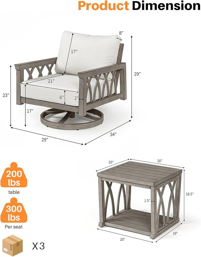 3-Piece Aluminum Swivel Patio Furniture Set, Outdoor Patio Bistro Set with 2 Swivel Sofa Armchairs and Side Table, Rustproof Patio Conversation Set with Cushions for Deck, Balcony, Limed Oak