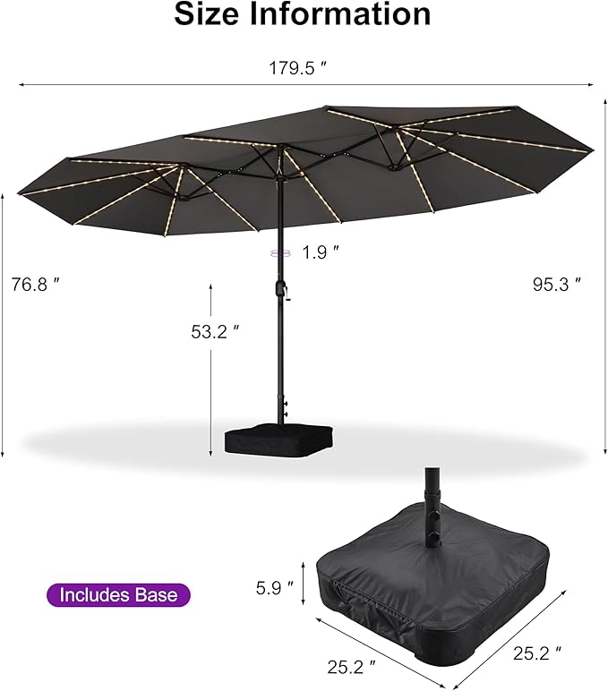 PURPLE LEAF 15ft Patio Market Umbrella with Solar LED and Base Double-Sided Rectangle Outdoor Table Sun Umbrellas with Crank for Pool Beach Deck Backyard Light Gray