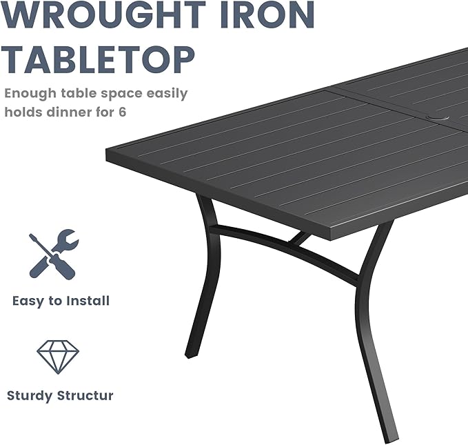 VICLLAX 7 Pieces Outdoor Dining Set, Patio Furniture Set Includes 63" Rectangular Metal Table W/ 1.9" Umbrella Hole and 6 Padded Textilene Swivel Chairs for Porch, Lawn, Garden, Backyard