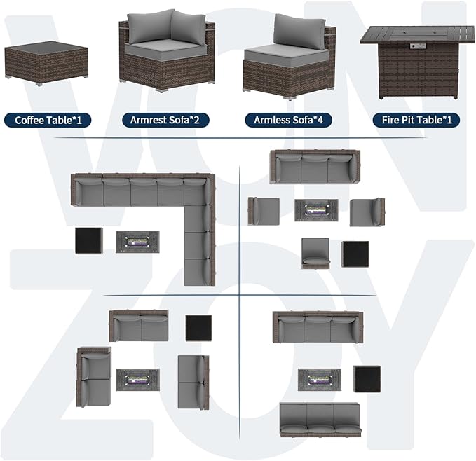 8 Piece Patio Furniture Set with 43" Fire Pit Table, Outdoor Sectional Sofa Set Heavy Duty Wicker Furniture Set with 2 Waterproof Covers