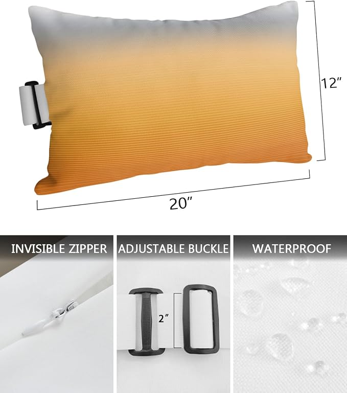 Outdoor Pillows Covers with Inserts Grey Yellow Orange Ombre Stripe Line Gradient Waterproof Recliner Pillow with Adjustable Strap Throw Pillows for Patio Furniture Pool Lounge Chair, 12x20 Inch, 2PCS