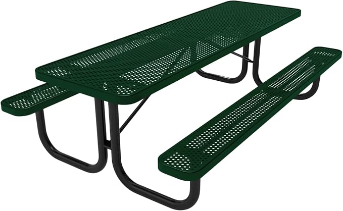 COATEDOUTDOORFURNITURE Heavy-Duty Portable Outdoor Picnic Table, Thermoplastic Coated Punched Steel Commercial-Grade Patio Dining Furniture Made in America (8ft Rectangular, Green)