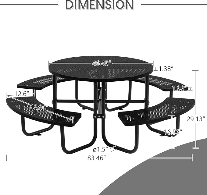 Coated Steel Heavy Duty Picnic Table for Outdoors 3200 lbs Load, Round Camping Table with 1.78" Umbrella Hole, Commercial Picnic Table with Benches, Black