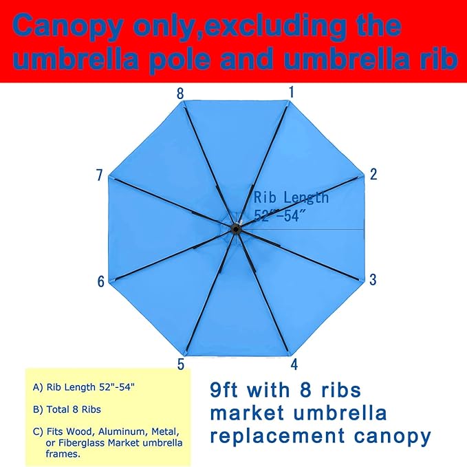 Patio Umbrella 9 ft Replacement Canopy for 8 Rib，Patio Umbrella Replacement Canopy Market Umbrella Top Fit Outdoor Umbrella Canopy（Only the top cover）