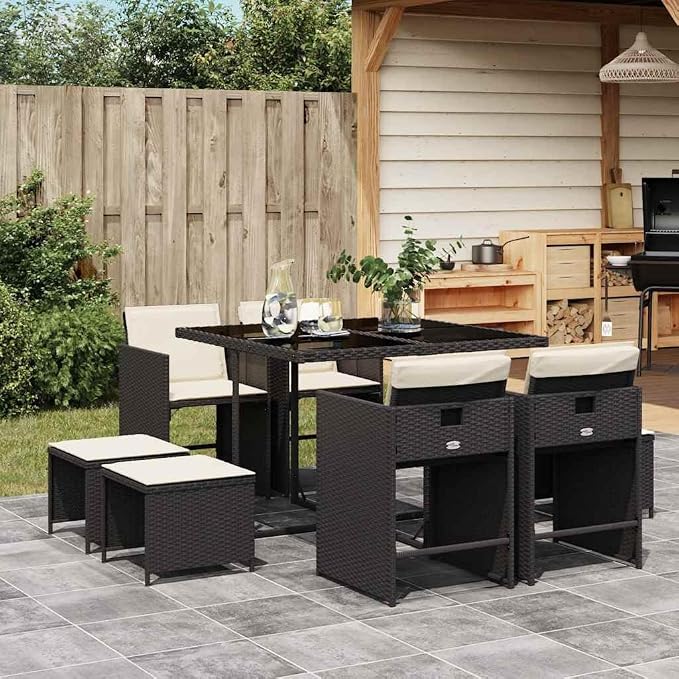 9-Piece Garden Dining Set, Outdoor Rattan Wicker Patio Furniture Set with Tempered Glass Table, 4 High-Back Chairs and 4 Stools for Backyard, Black and Cream White