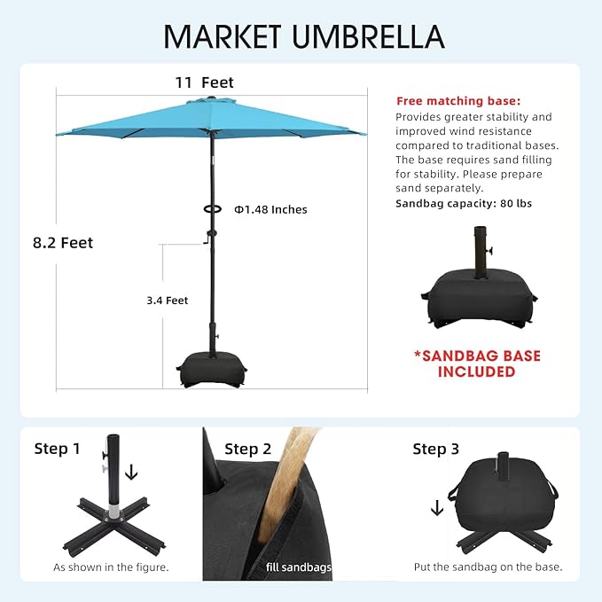 wikiwiki 11FT Patio Umbrella with Base, Outdoor Umbrellas with Base Included, 8 Sturdy Ribs, Waterproof Fade Resistant POLYESTER DTY Canopy for Deck, Lawn, Garden, Backyard & Pool, Sky Blue