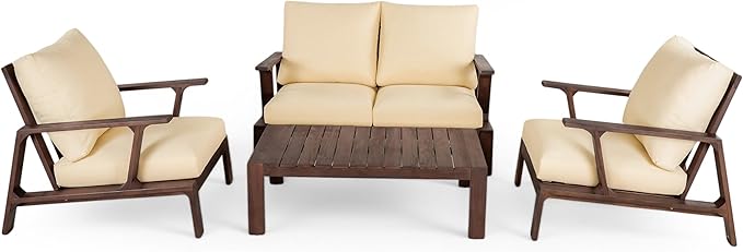 4-Pieces Acacia Wood Patio Furniture Set, All-Weather Sectional Sofa Set w/ 2 Chairs, Loveseat & Coffee Table, Outdoor Conversation Set with Cushions for Garden Backyard Porch Balcony (Brown Finish)