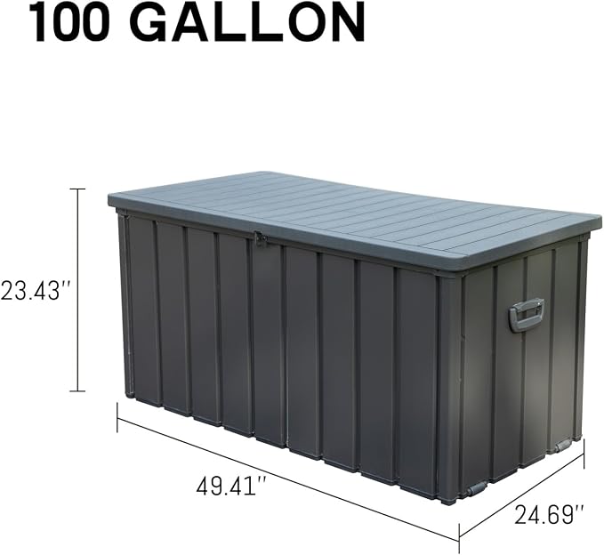 ChicFurnit Outdoor Storage Box, 100 Gallon Deck Box with Lockable Resin Lid & Portable Side Handles, Outdoor Storage Bin with Stable Support Rod, Soft Close Mechanism & Mobility Rollers, Dark Gray